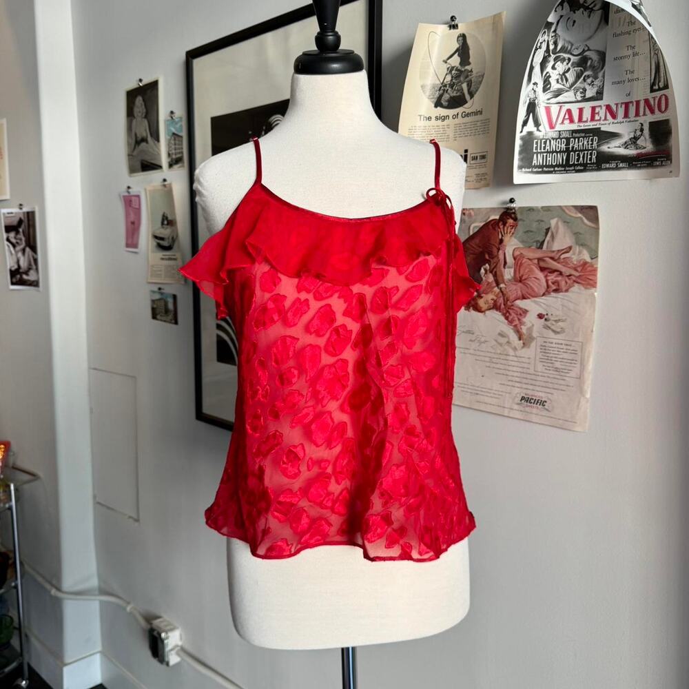Red see through leopard kiss print camisole top